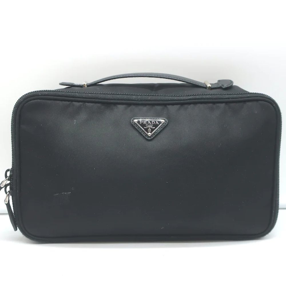 Prada Toiletry Bag Black Nylon & Saffiano Leather Top Handle Travel Pouch - Picture 2 of 12